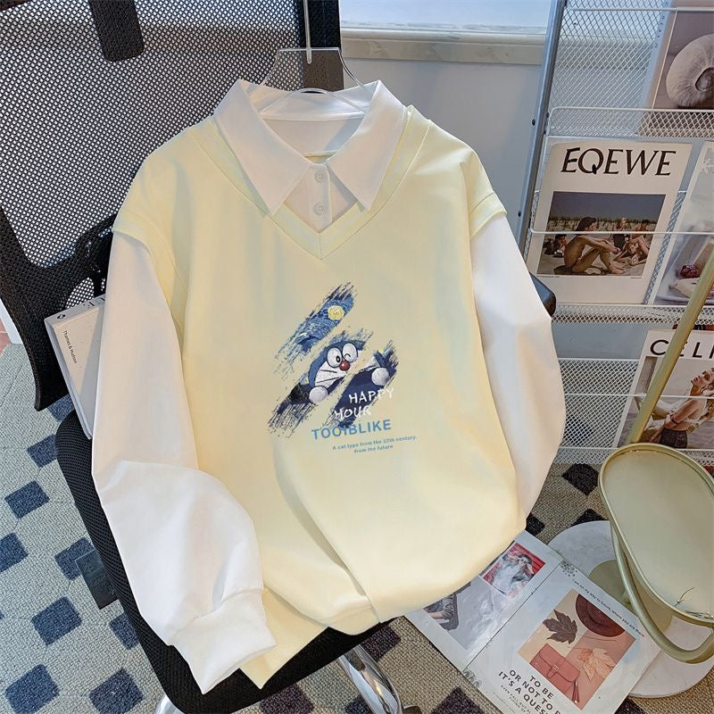 學院風假兩件V領卡通衛衣｜拼接襯衫領長袖上衣