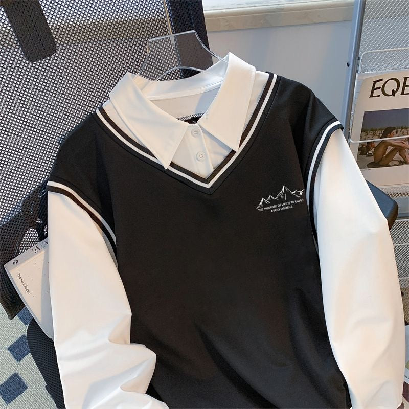 簡約學院風假兩件V領衛衣｜山系刺繡拼接襯衫領長袖上衣