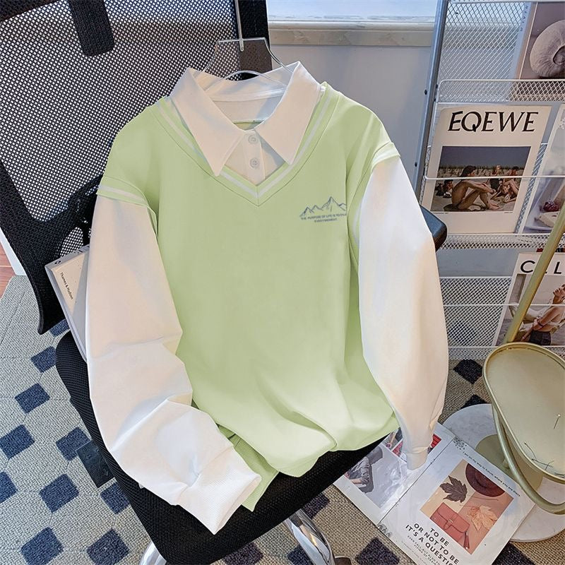 簡約學院風假兩件V領衛衣｜山系刺繡拼接襯衫領長袖上衣