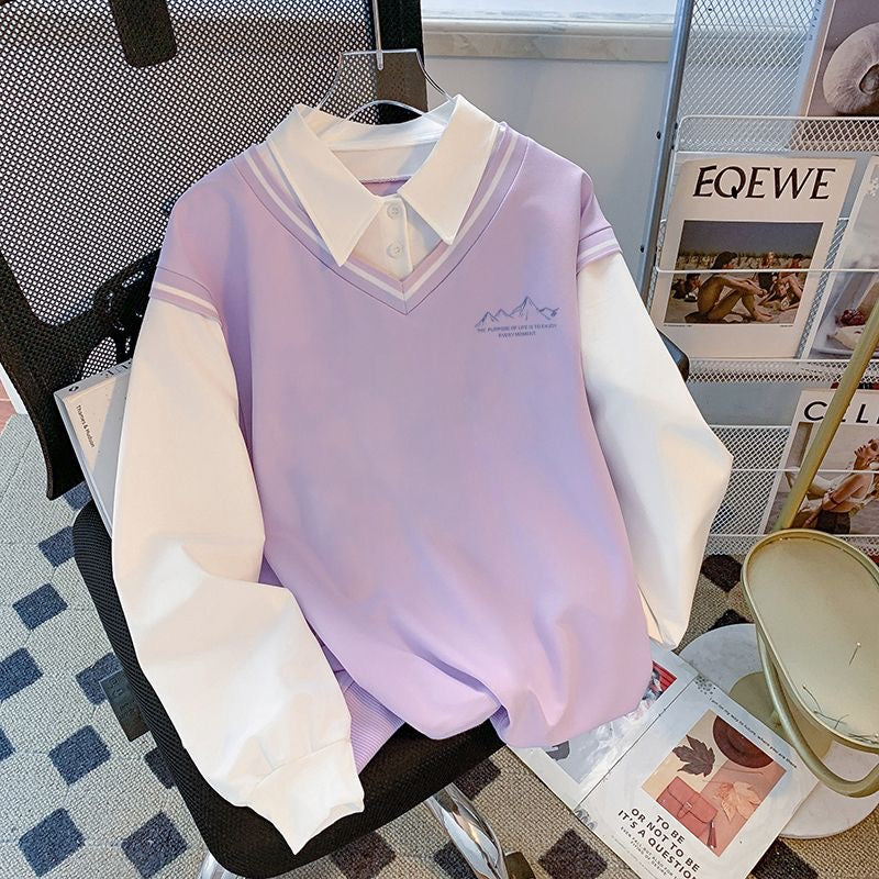 簡約學院風假兩件V領衛衣｜山系刺繡拼接襯衫領長袖上衣