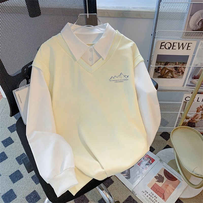 簡約學院風假兩件V領衛衣｜山系刺繡拼接襯衫領長袖上衣