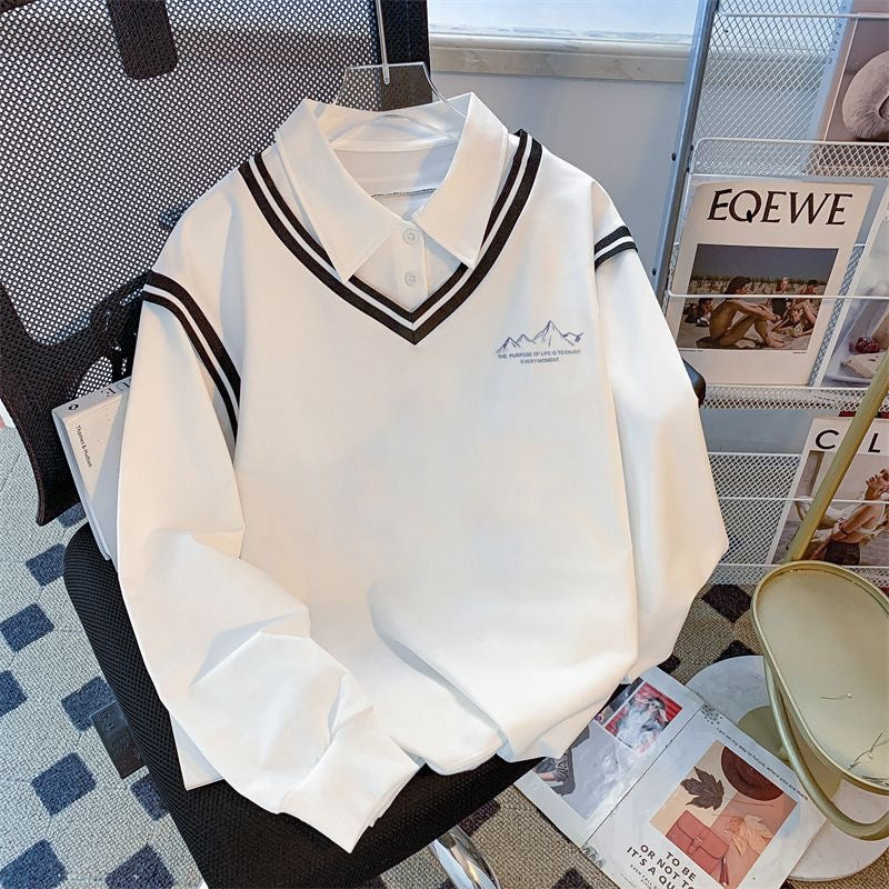 簡約學院風假兩件V領衛衣｜山系刺繡拼接襯衫領長袖上衣