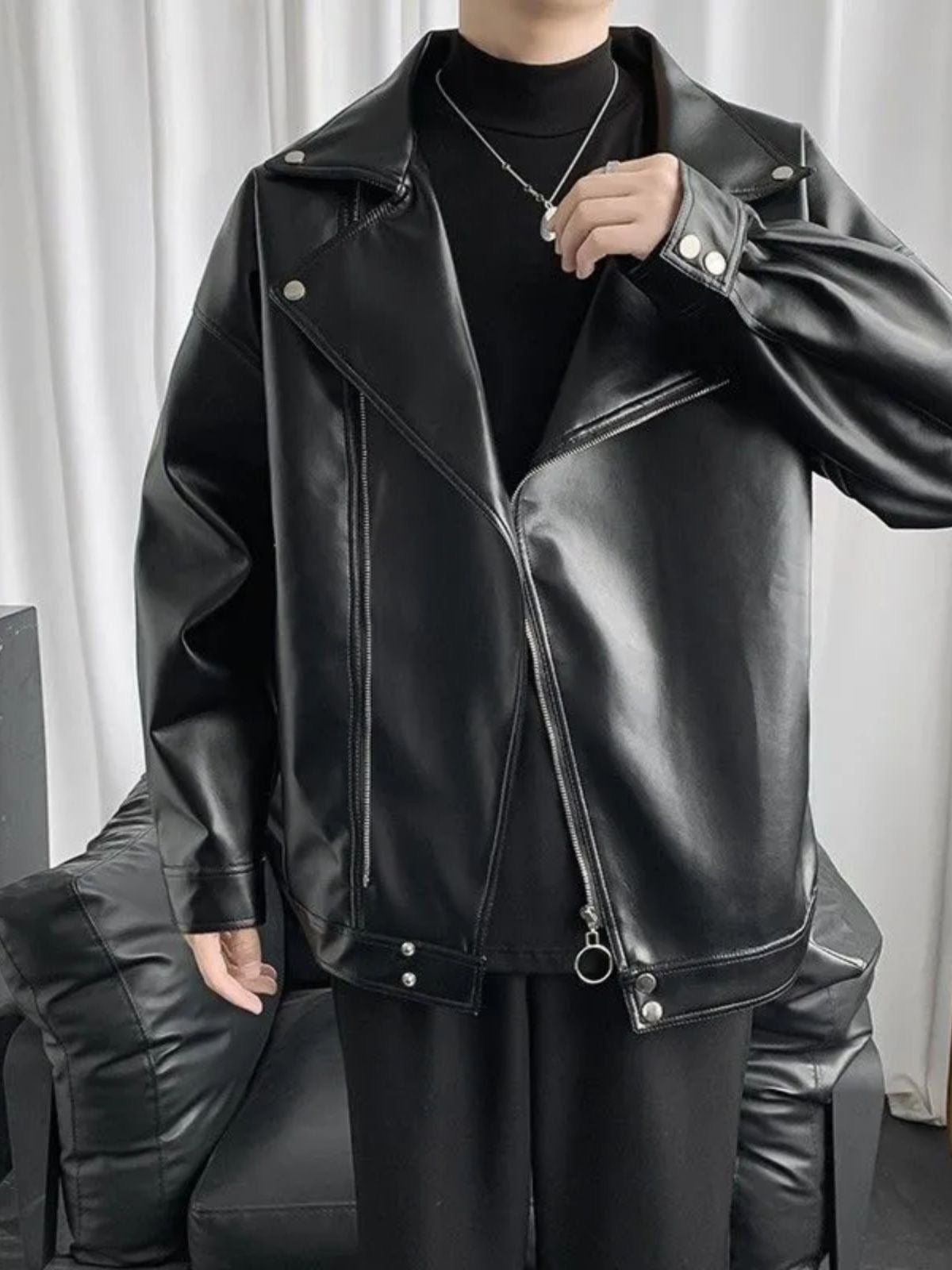 日系寬鬆落肩黑色PU皮褸｜男裝機車風外套