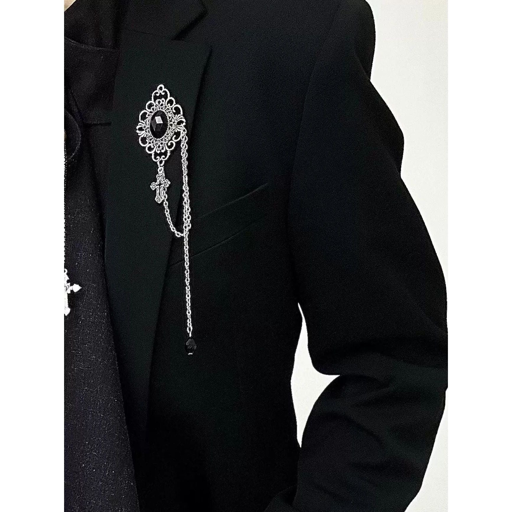 暗黑哥德十字架鏈條胸針｜西裝外套襯衫必備配飾