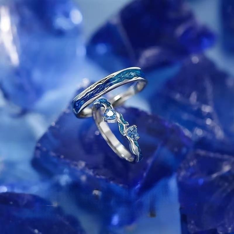 克萊因藍情侶對戒｜藍色浪潮男戒＋心形女戒