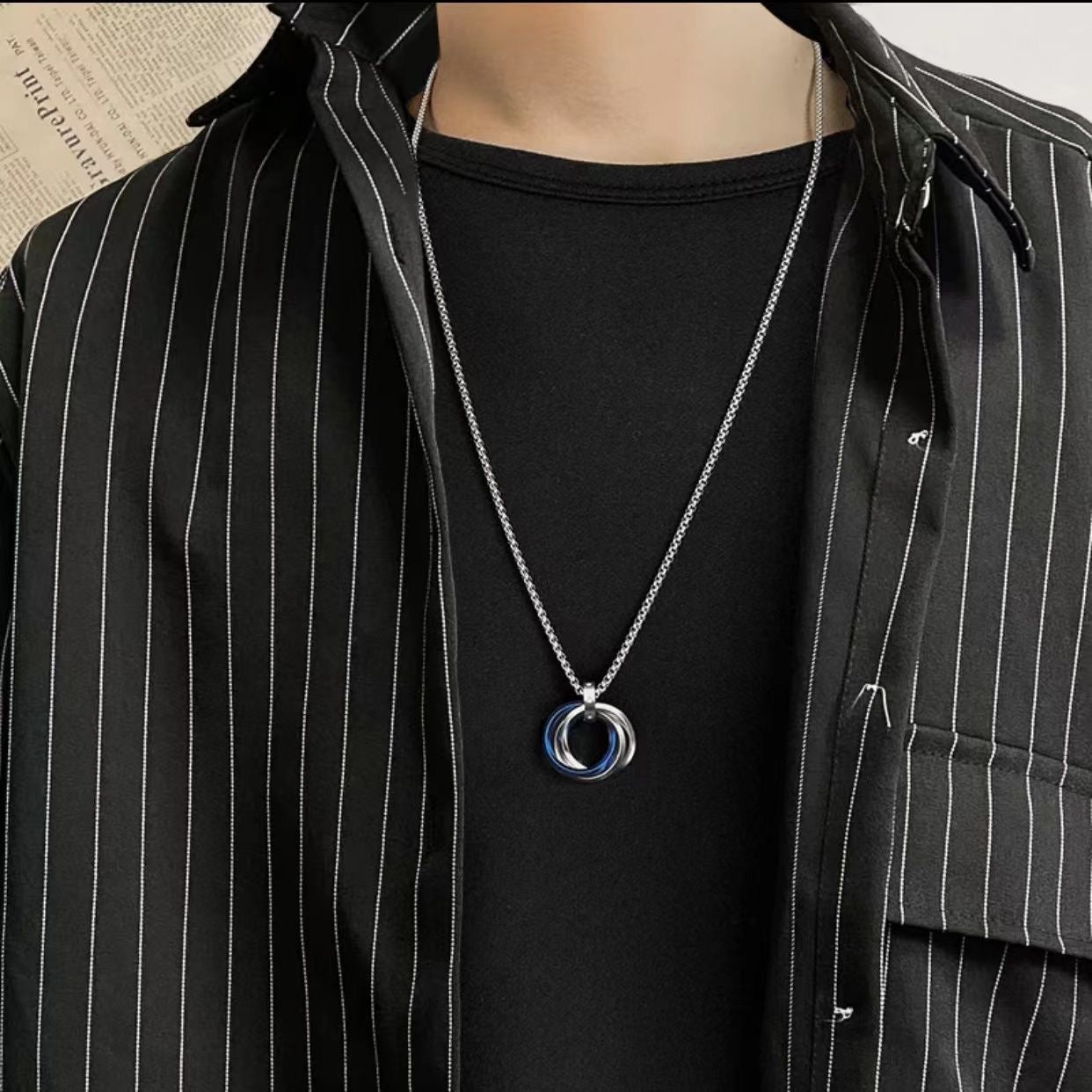 三環情侶項鍊｜不鏽鋼旋轉圓環吊墜頸鏈（藍銀／黑銀／金銀配色）